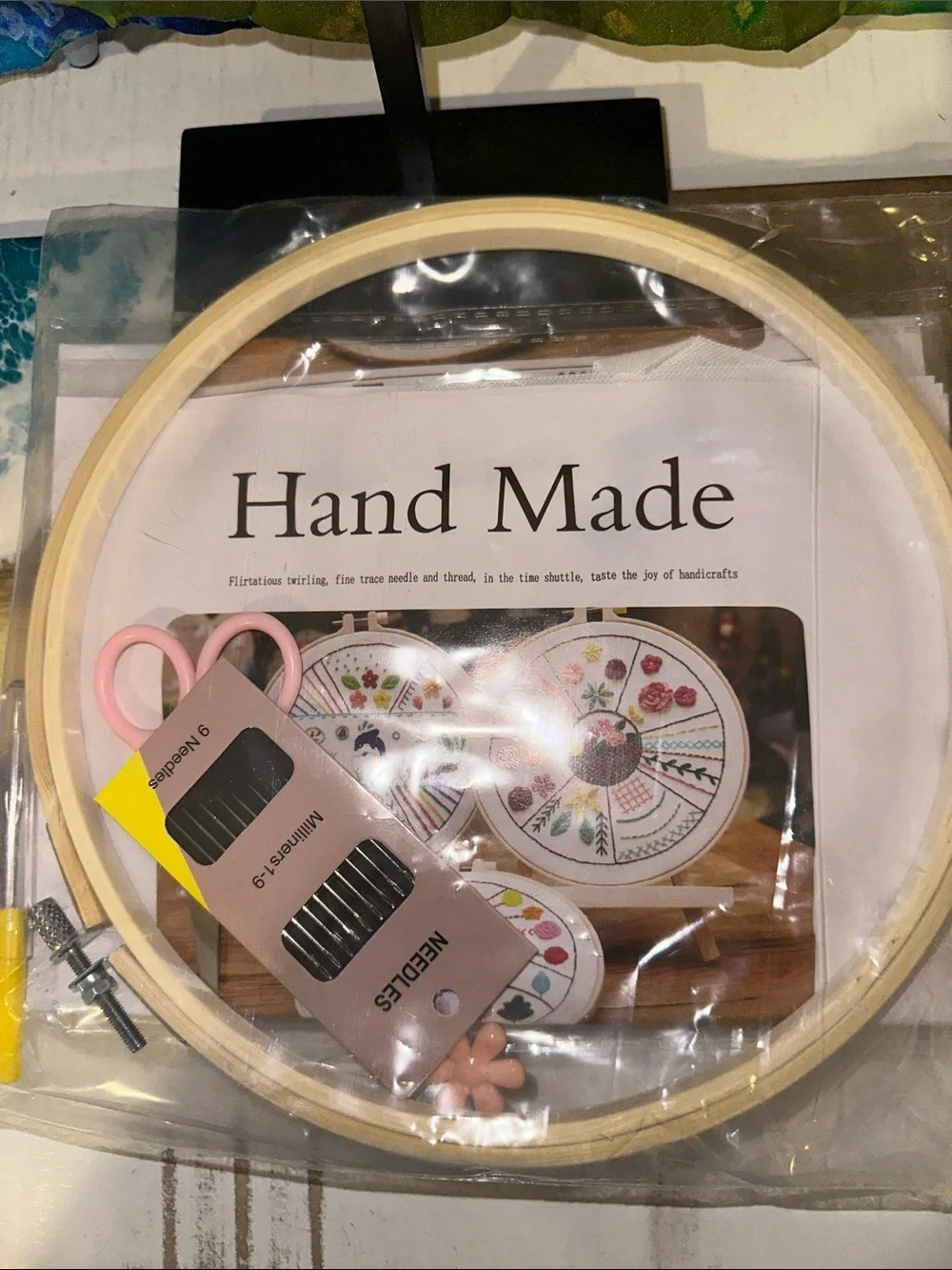 Hand Made Embroidery Hoop Tapestry Kit - Cream Hoop with Pink Accents